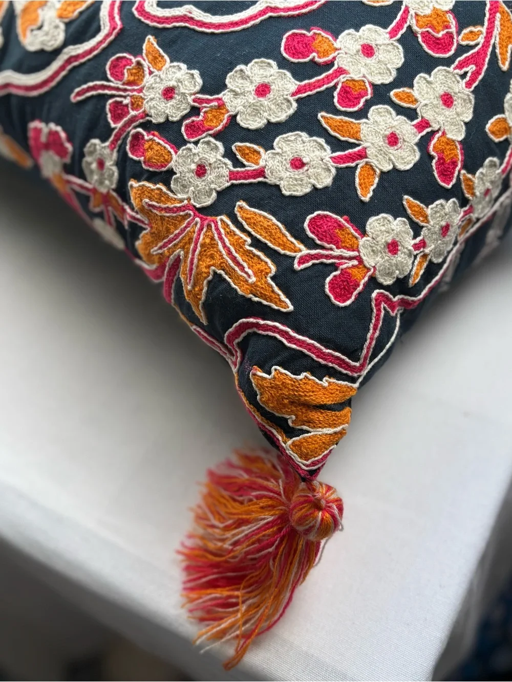 Envogue Navy Blue Orange & Cream Embroidered Accent Pillow Down Fill Tassels